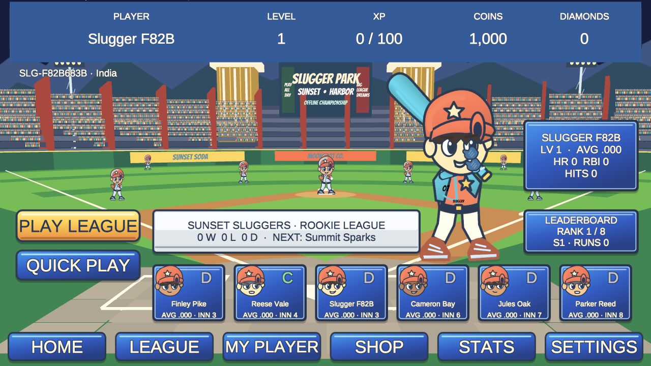 Baseball Strike clubhouse with a cartoon batter and team lineup